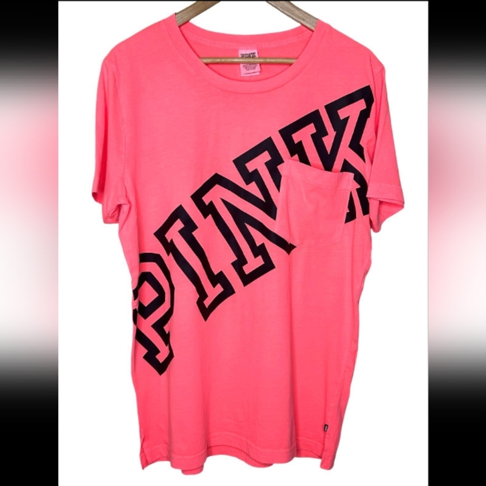 PINK VS Tee Shirt w/ front pocket Bright 😍 Coral w/ Black Block Logo NWT